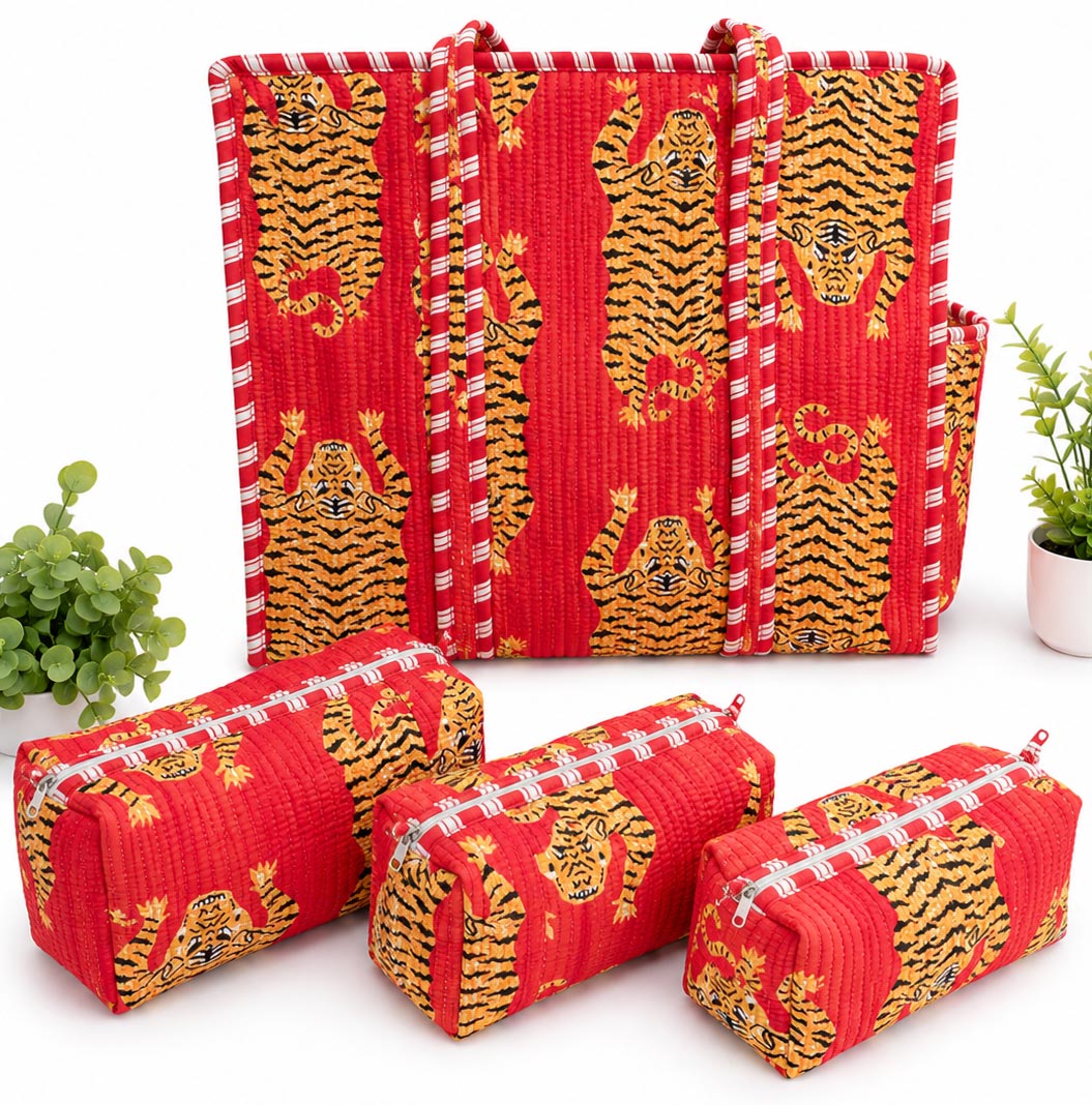 Royal Tiger Hand Block Print Quilted Tote Bag Combo with 3 Toiletry Pouches