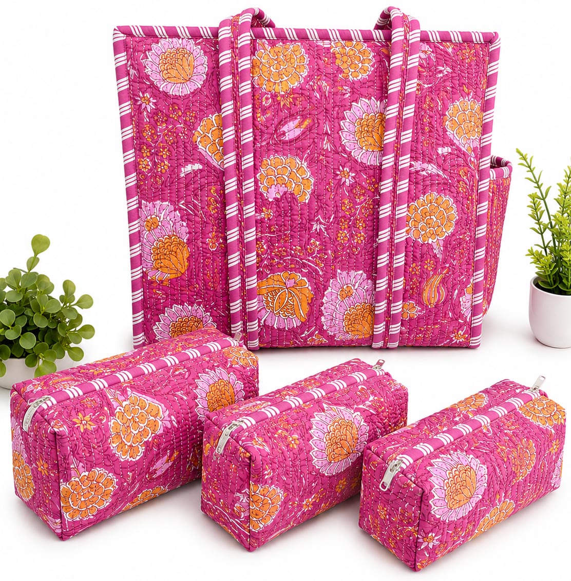 Pink Blossom Hand Block Print Quilted Tote Bag Combo with 3 Toiletry Pouches