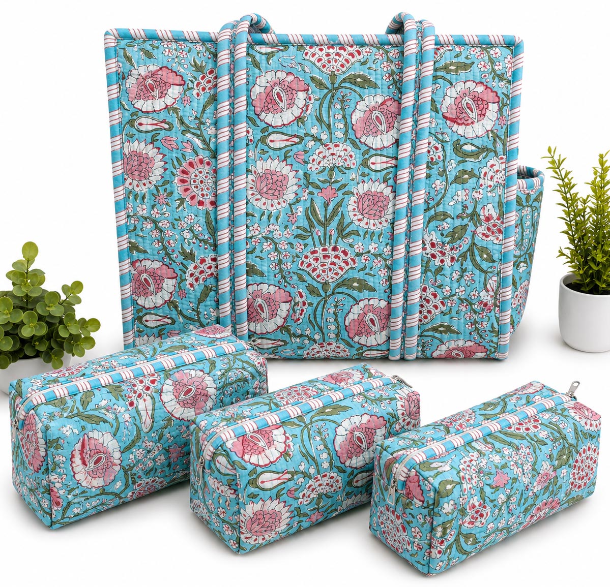 Sky Bloom Hand Block Print Quilted Tote Bag Combo with 3 Toiletry Pouches