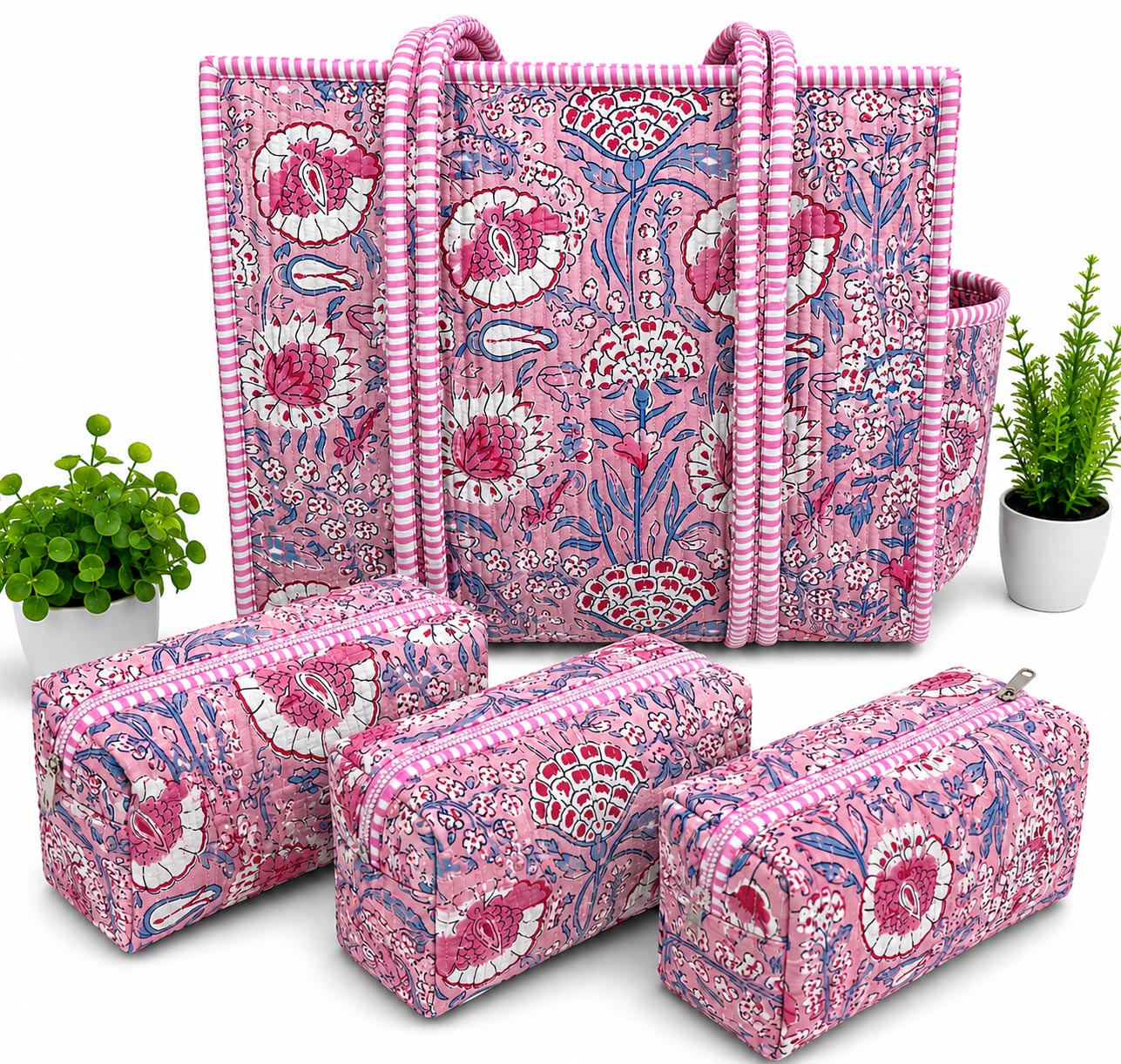 Blush Garden Hand Block Print Quilted Tote Bag Combo with 3 Toiletry Pouches