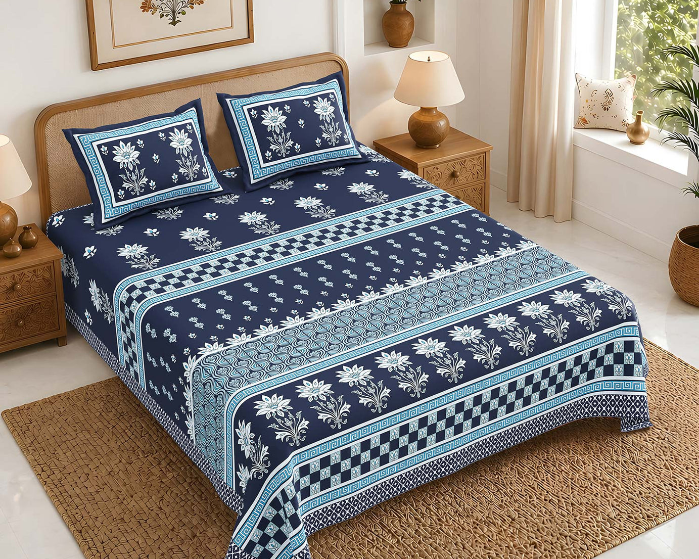 Pure Cotton King Size Bedsheet 108x108 Inch | Royal Blue Floral Print