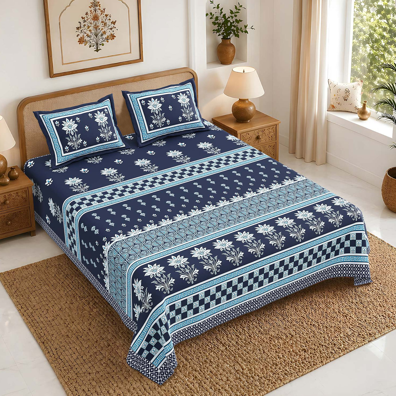 Pure Cotton King Size Bedsheet 108x108 Inch | Royal Blue Floral Print