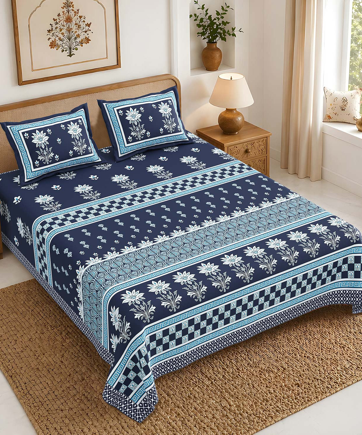 Pure Cotton King Size Bedsheet Inch | Royal Blue Floral Print