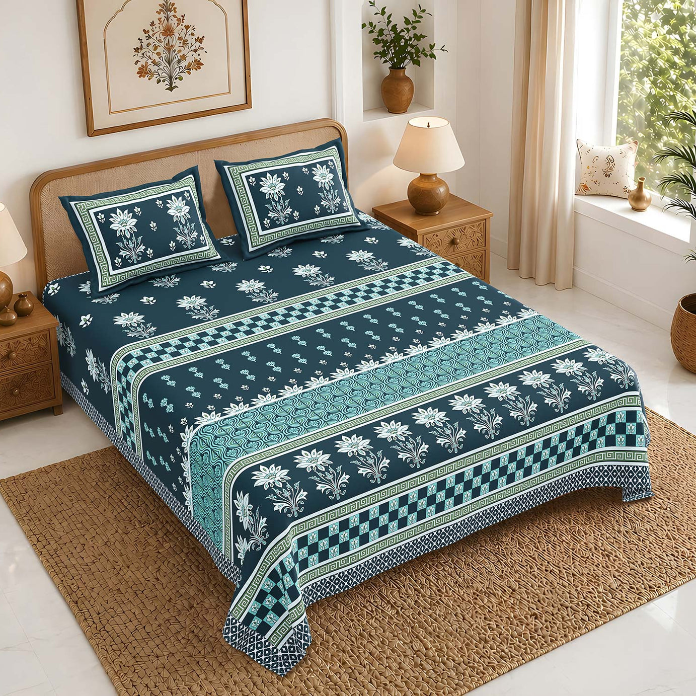 Pure Cotton King Size Bedsheet 108x108 Inch | Teal Blue Floral Print