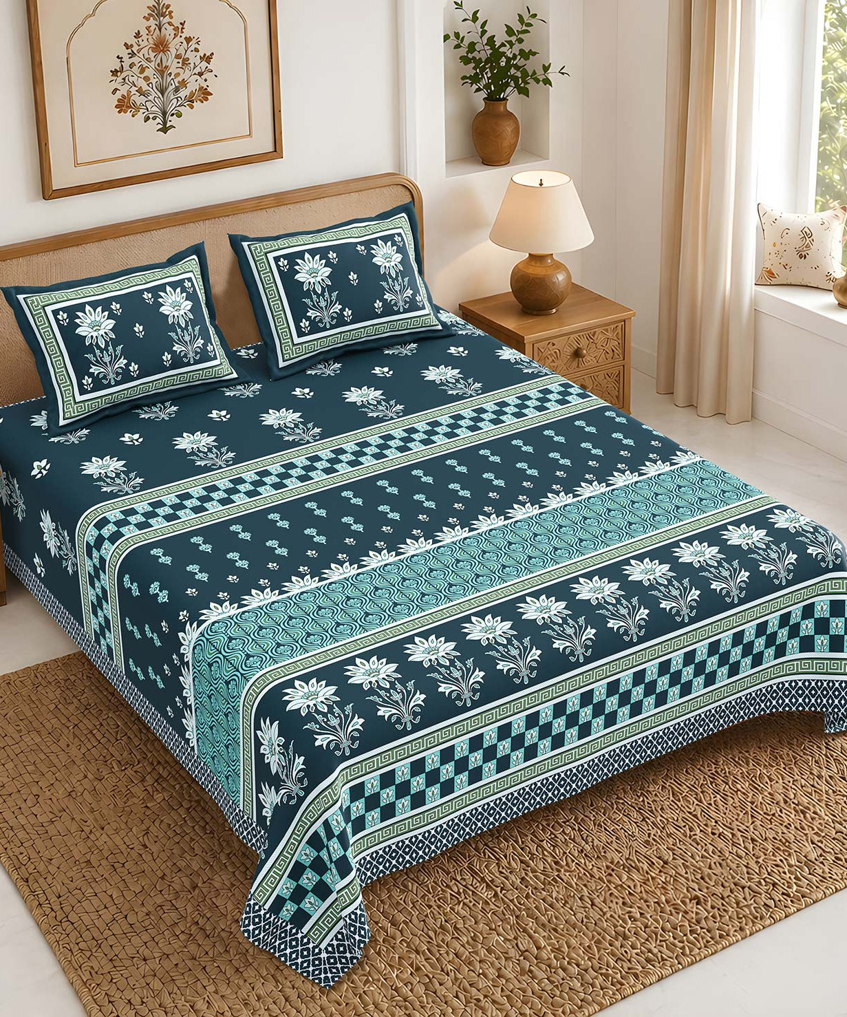 Pure Cotton King Size Bedsheet | Teal Blue Floral Print
