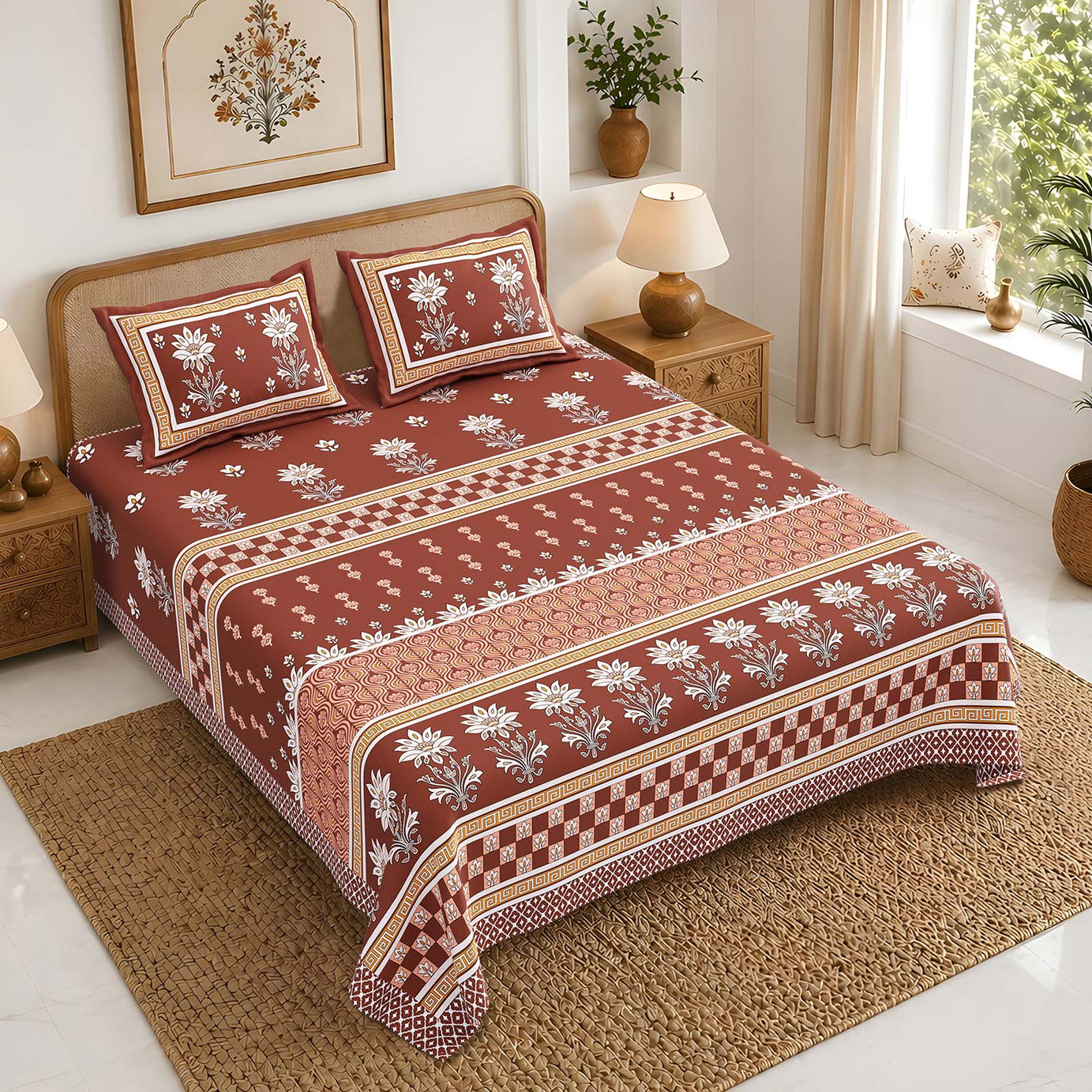 Pure Cotton King Size Bedsheet 108x108 Inch | Rust Brown Floral Print