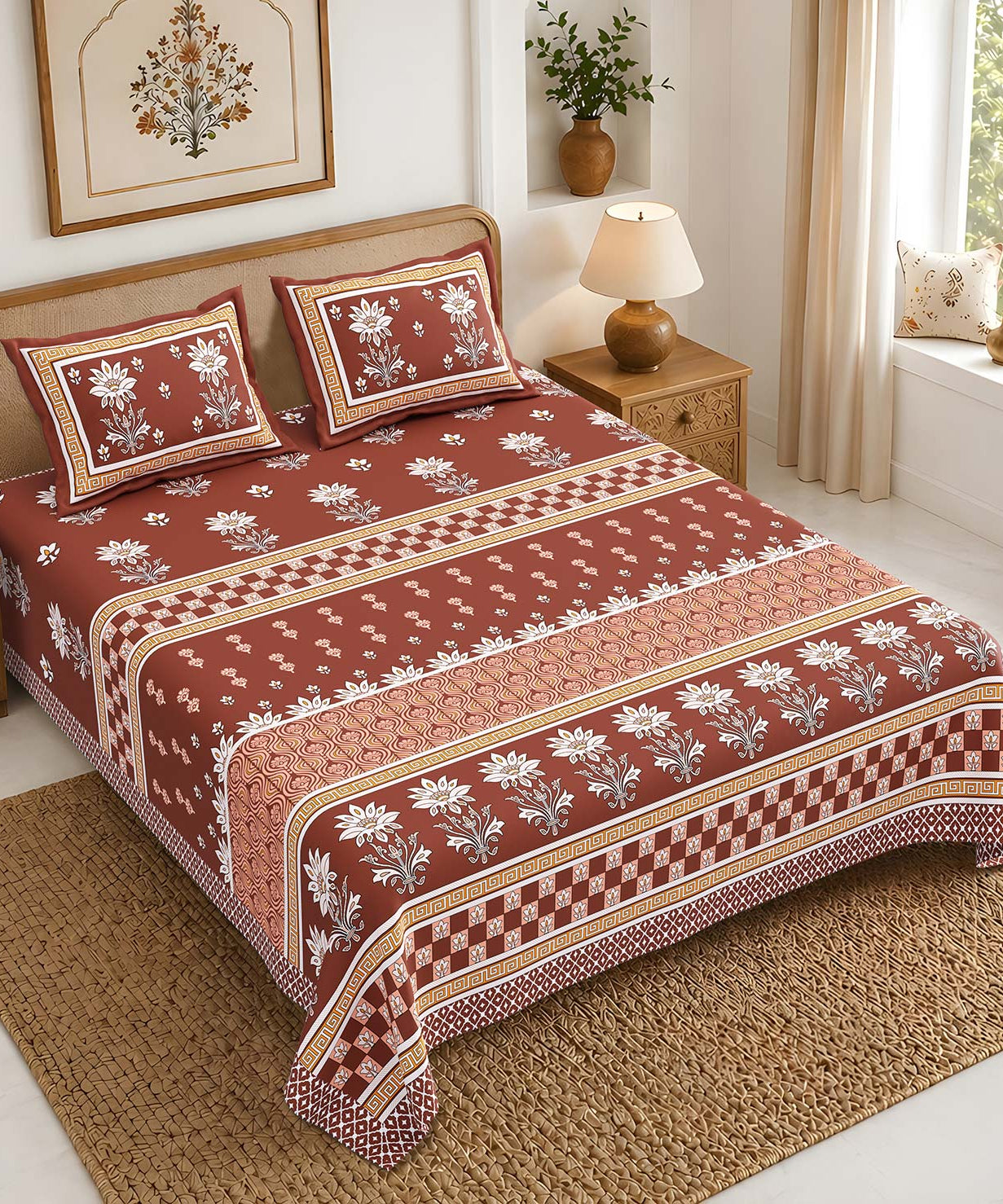 Pure Cotton King Size Bedsheet | Rust Brown Floral Print