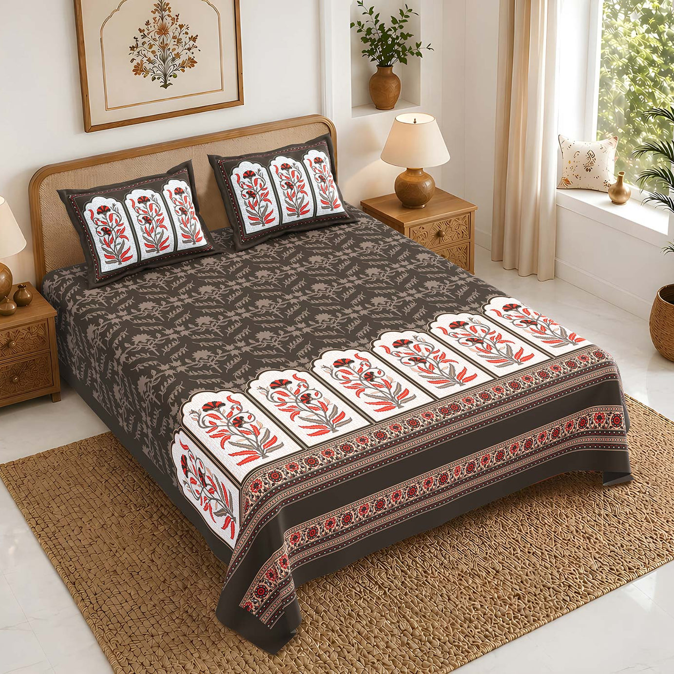 Pure Cotton King Size Bedsheet 108x108 Inch | Dark Brown Floral Print