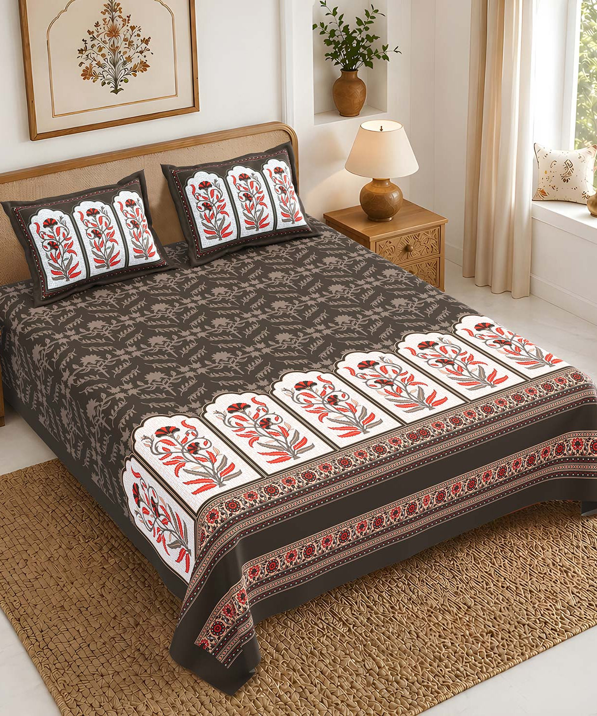 Pure Cotton King Size Bedsheet | Dark Brown Floral Print