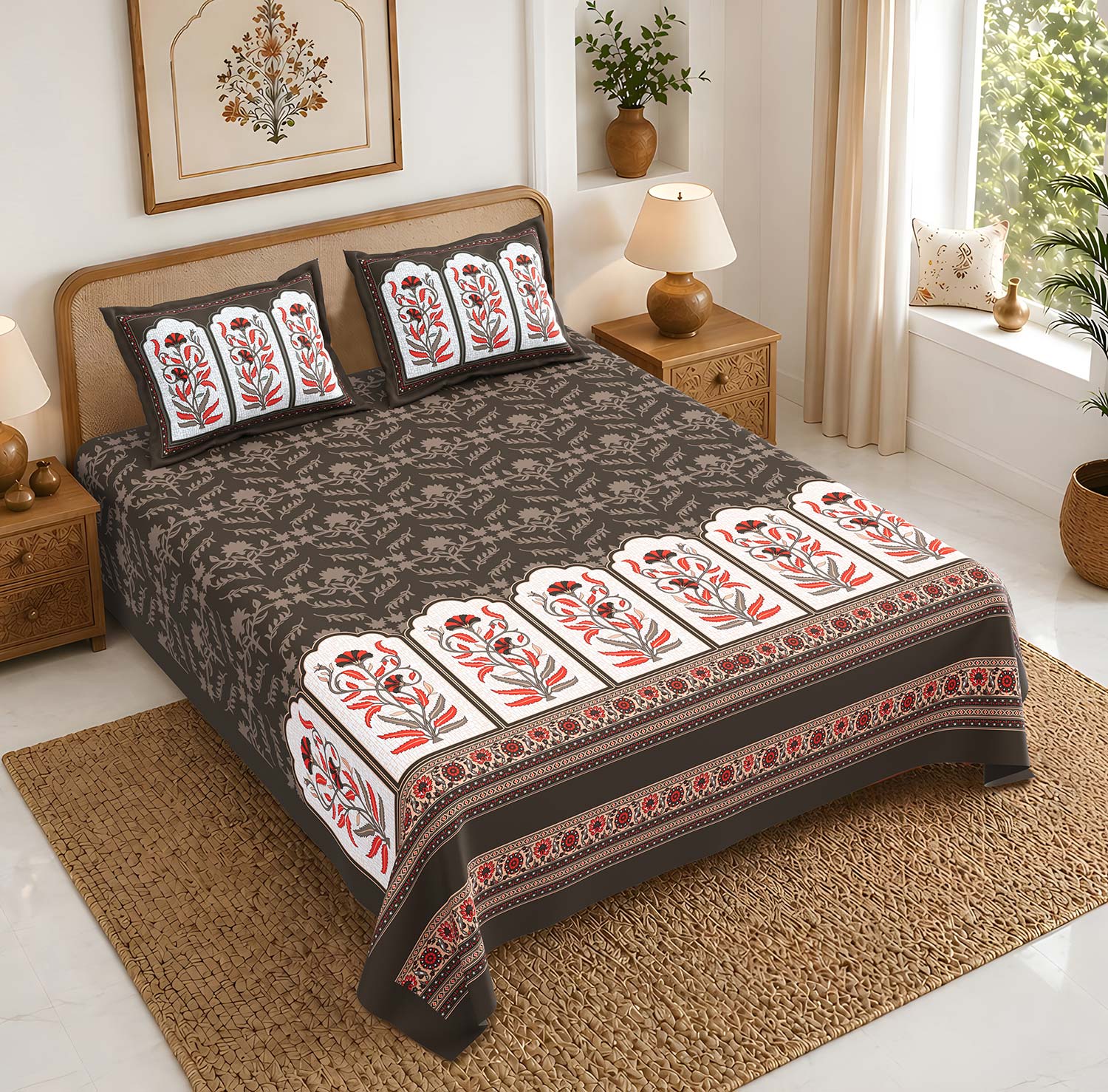 Pure Cotton King Size Bedsheet 108x108 Inch | Dark Brown Floral Print