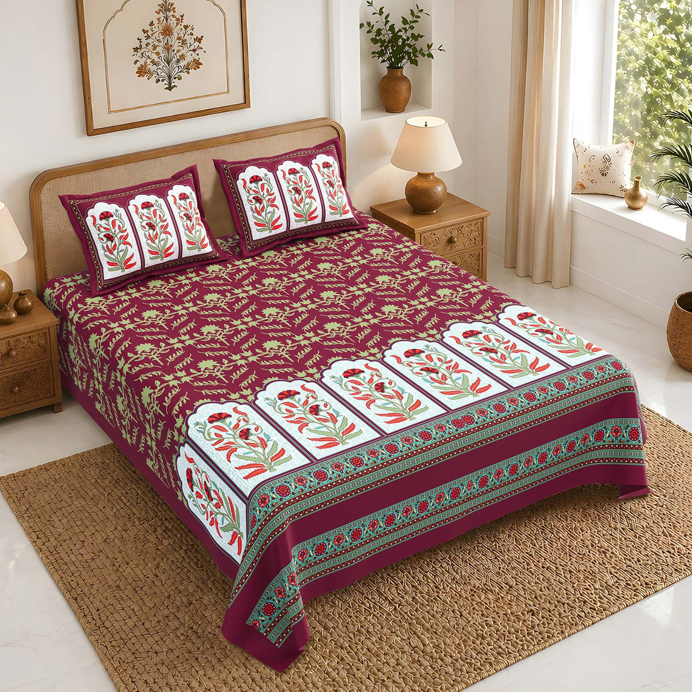 Pure Cotton King Size Bedsheet 108x108 Inch | Maroon Floral Print