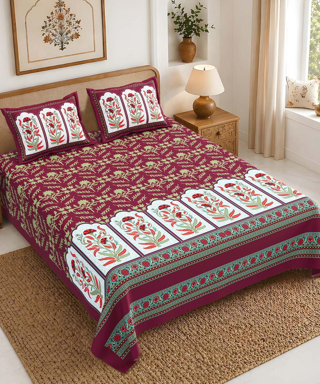 Pure Cotton King Size Bedsheet | Maroon Floral Print