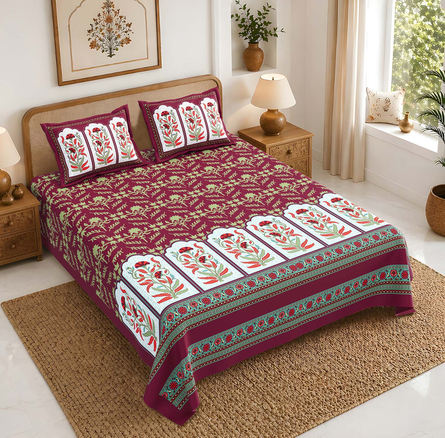 Pure Cotton King Size Bedsheet 108x108 Inch | Maroon Floral Print