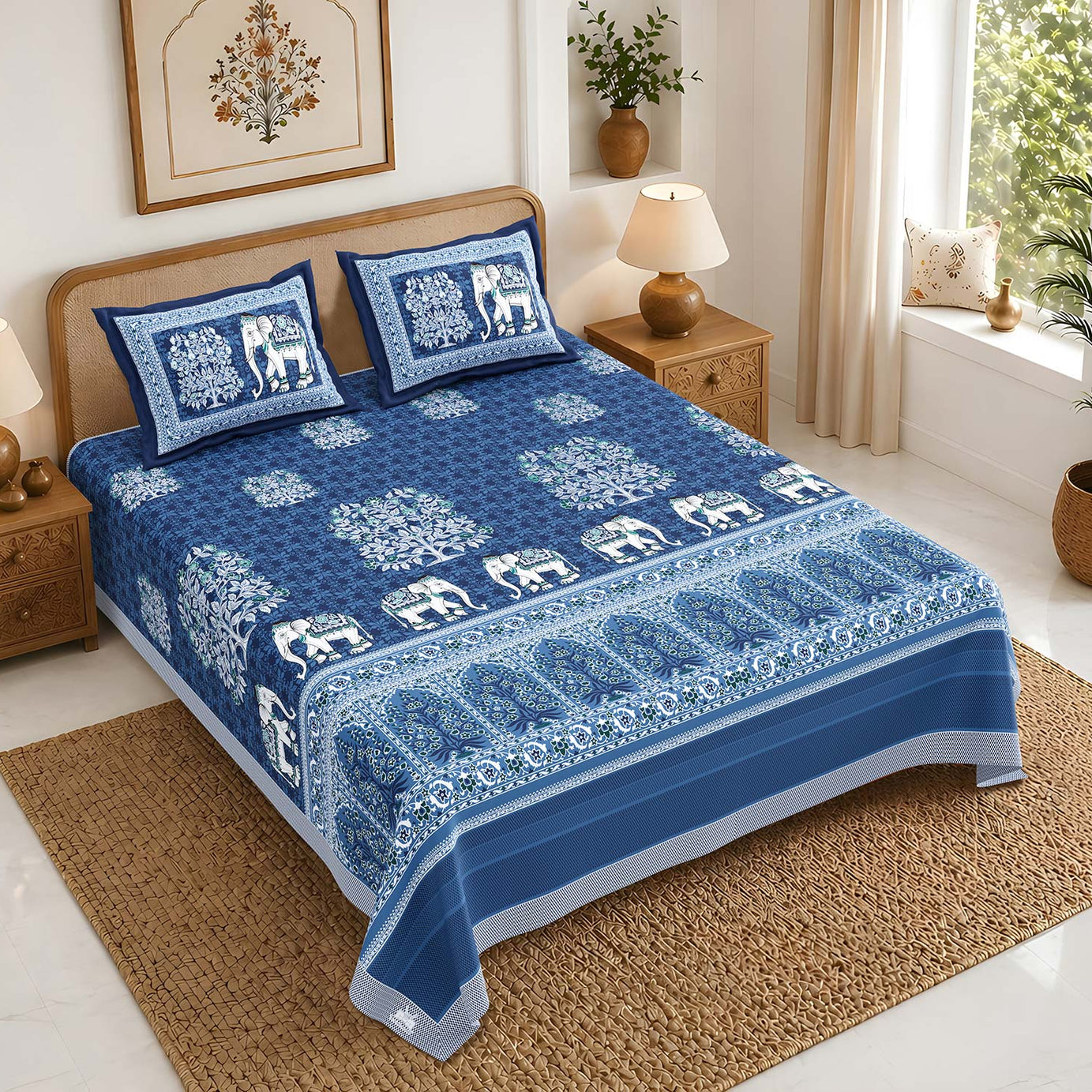 Pure Cotton King Size Bedsheet 108x108 Inch | Royal Blue Elephant Print