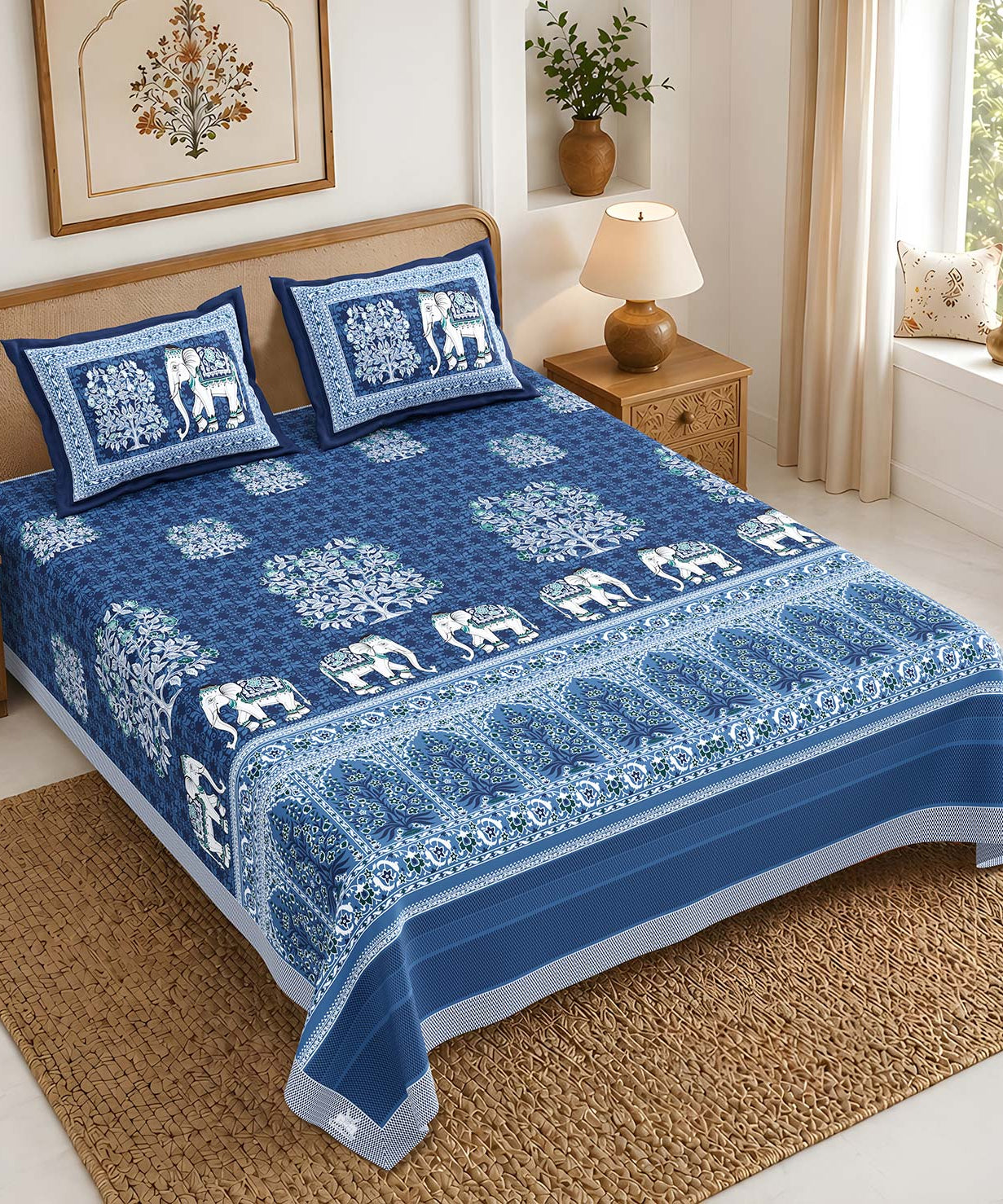 Pure Cotton King Size Bedsheet | Royal Blue Elephant Print