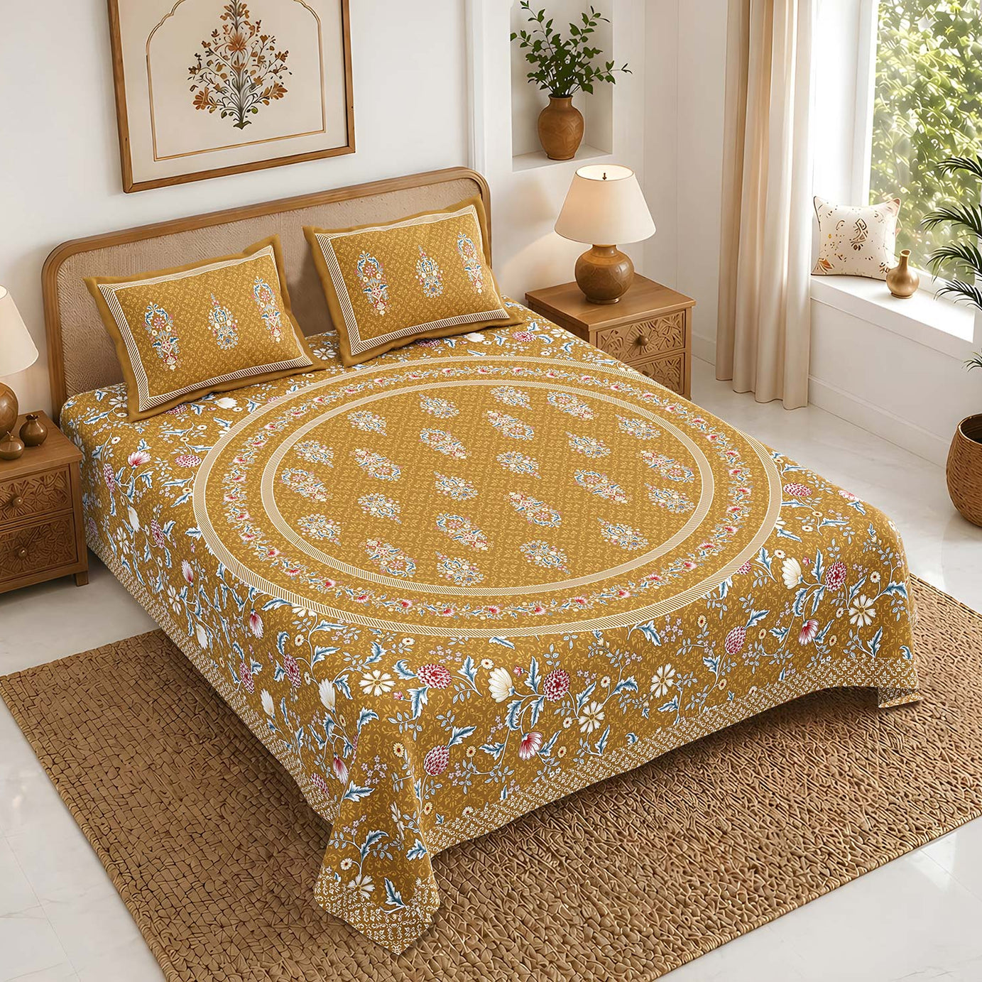 Pure Cotton King Size Bedsheet 108x108 Inch | Mustard Floral Print