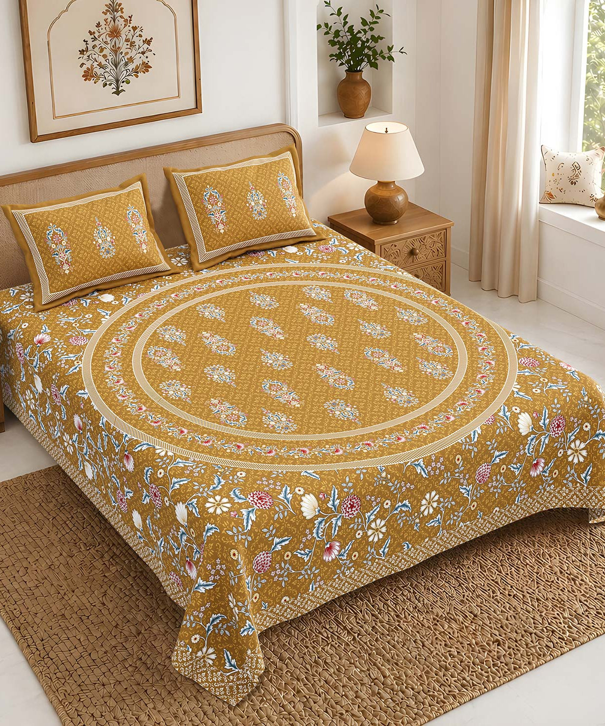 Pure Cotton King Size Bedsheet | Mustard Floral Print