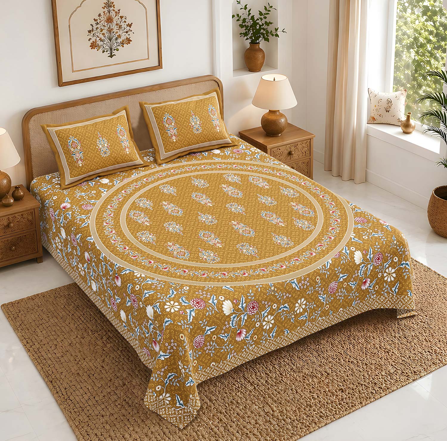 Pure Cotton King Size Bedsheet 108x108 Inch | Mustard Floral Print