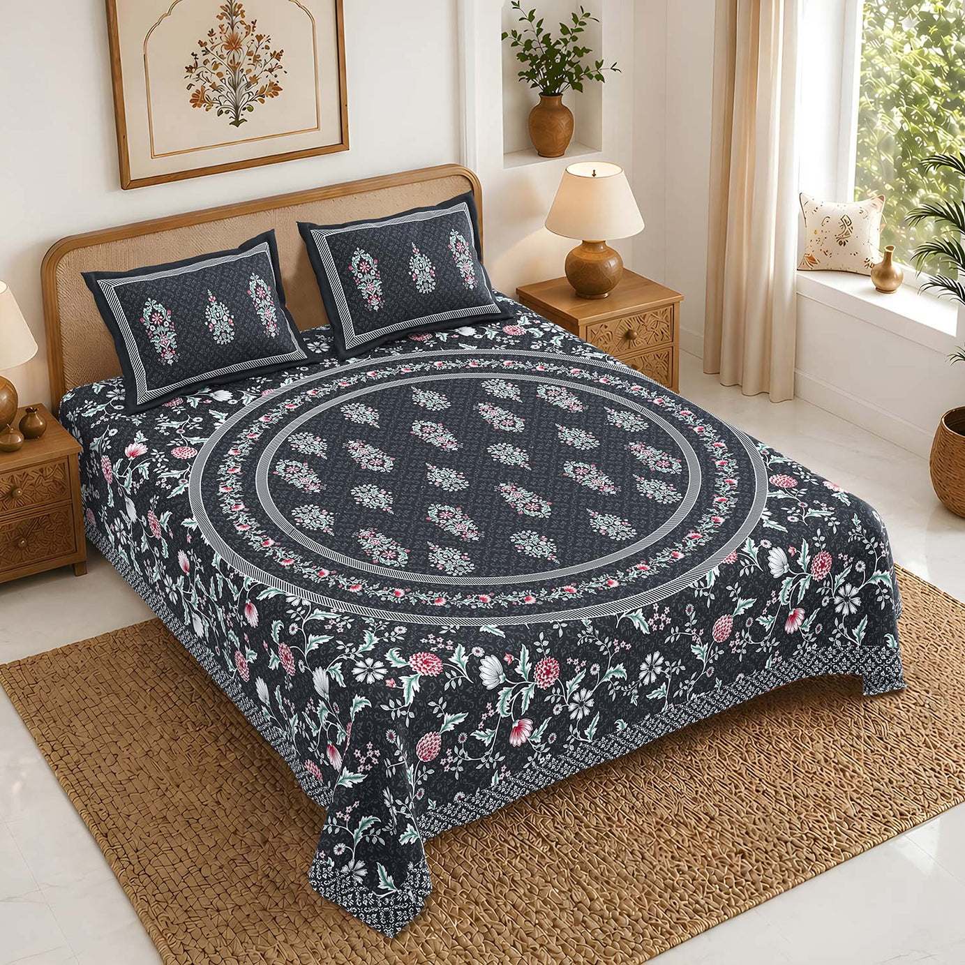 Pure Cotton King Size Bedsheet 108x108 Inch | Black Floral Print