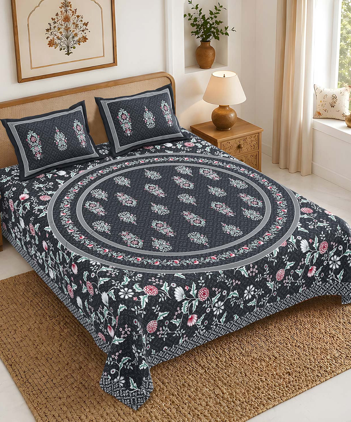 Pure Cotton King Size Bedsheet | Black Floral Print