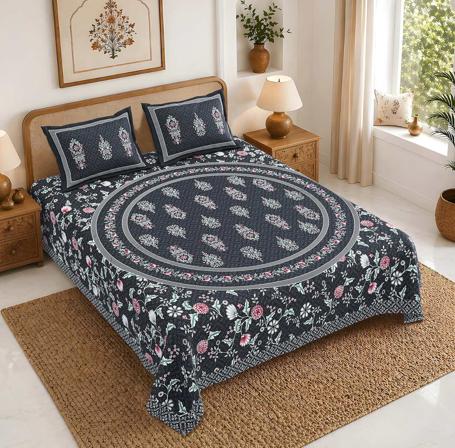 Pure Cotton King Size Bedsheet 108x108 Inch | Black Floral Print