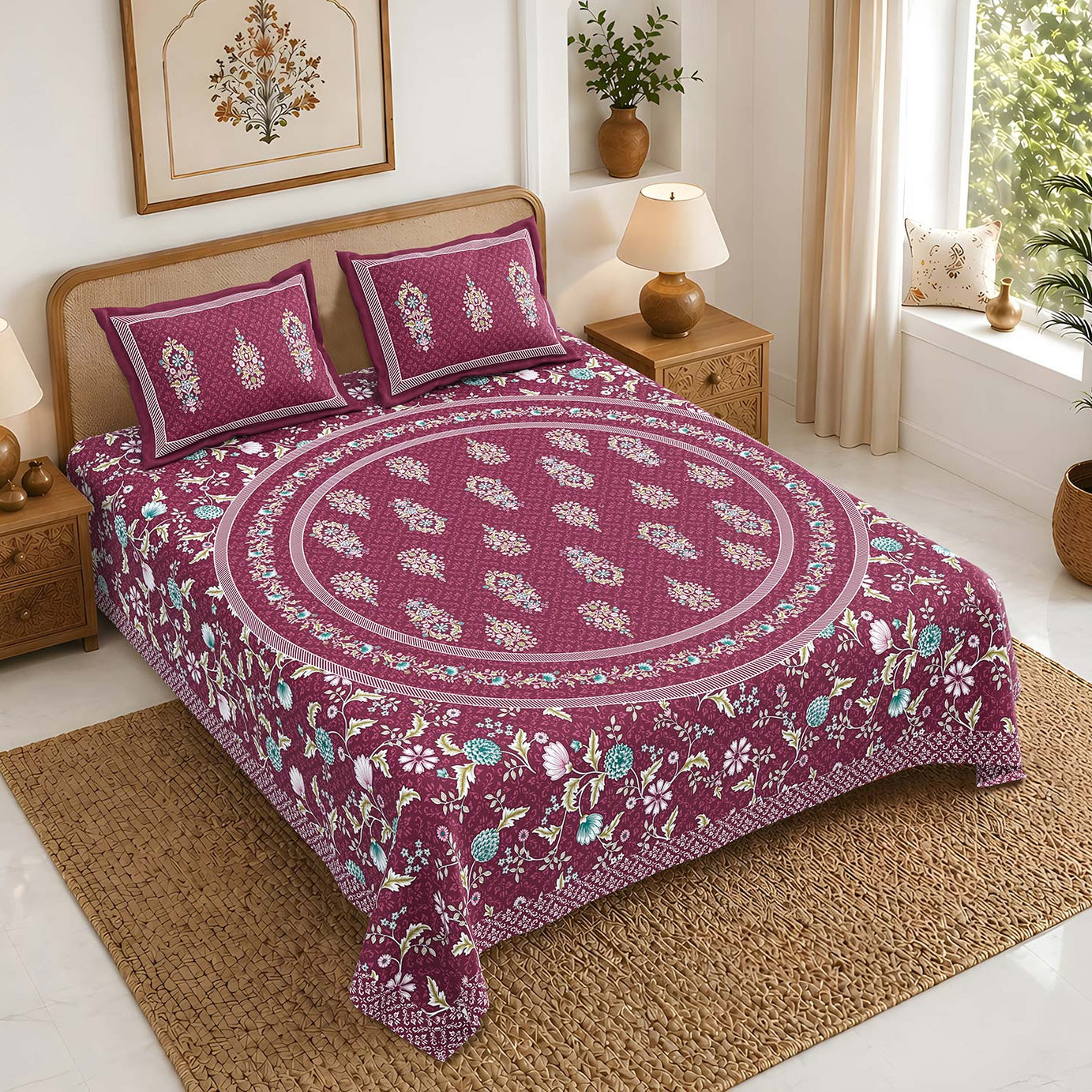 Pure Cotton King Size Bedsheet 108x108 Inch | Wine Floral Print