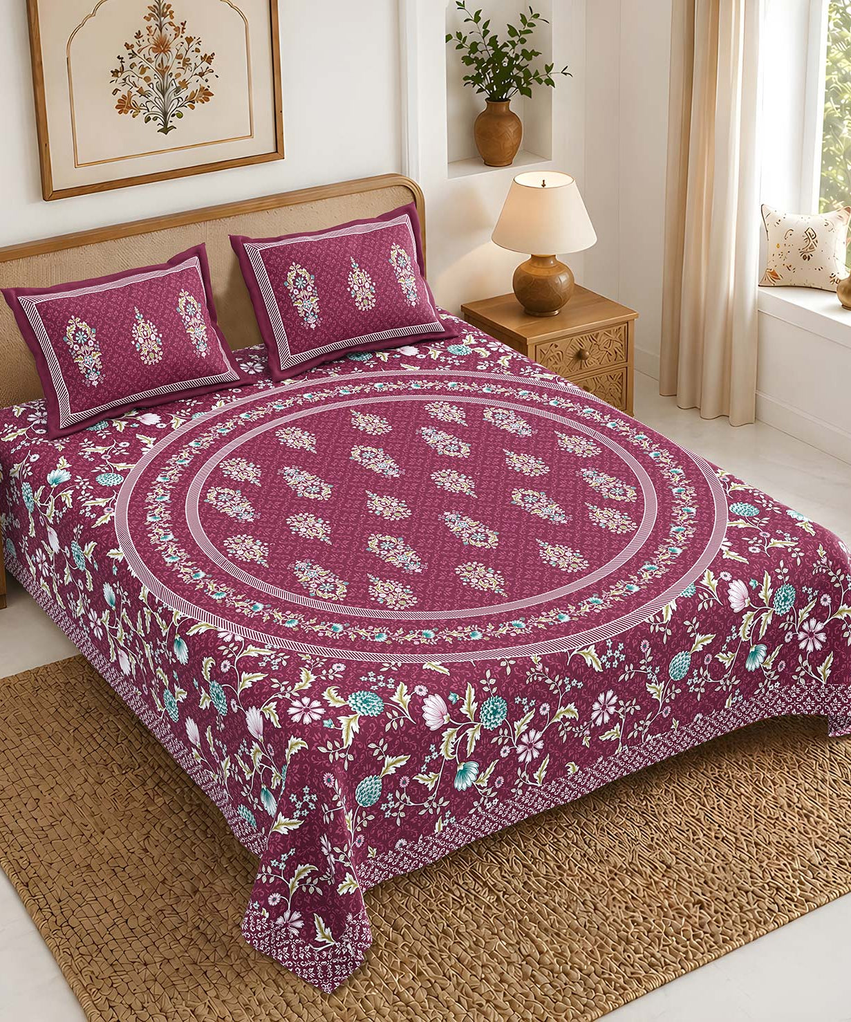 Pure Cotton King Size Bedsheet | Wine Floral Print