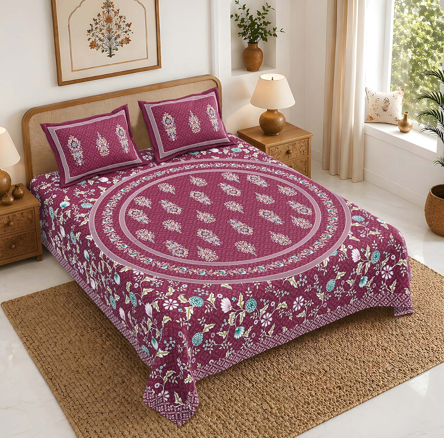 Pure Cotton King Size Bedsheet 108x108 Inch | Wine Floral Print