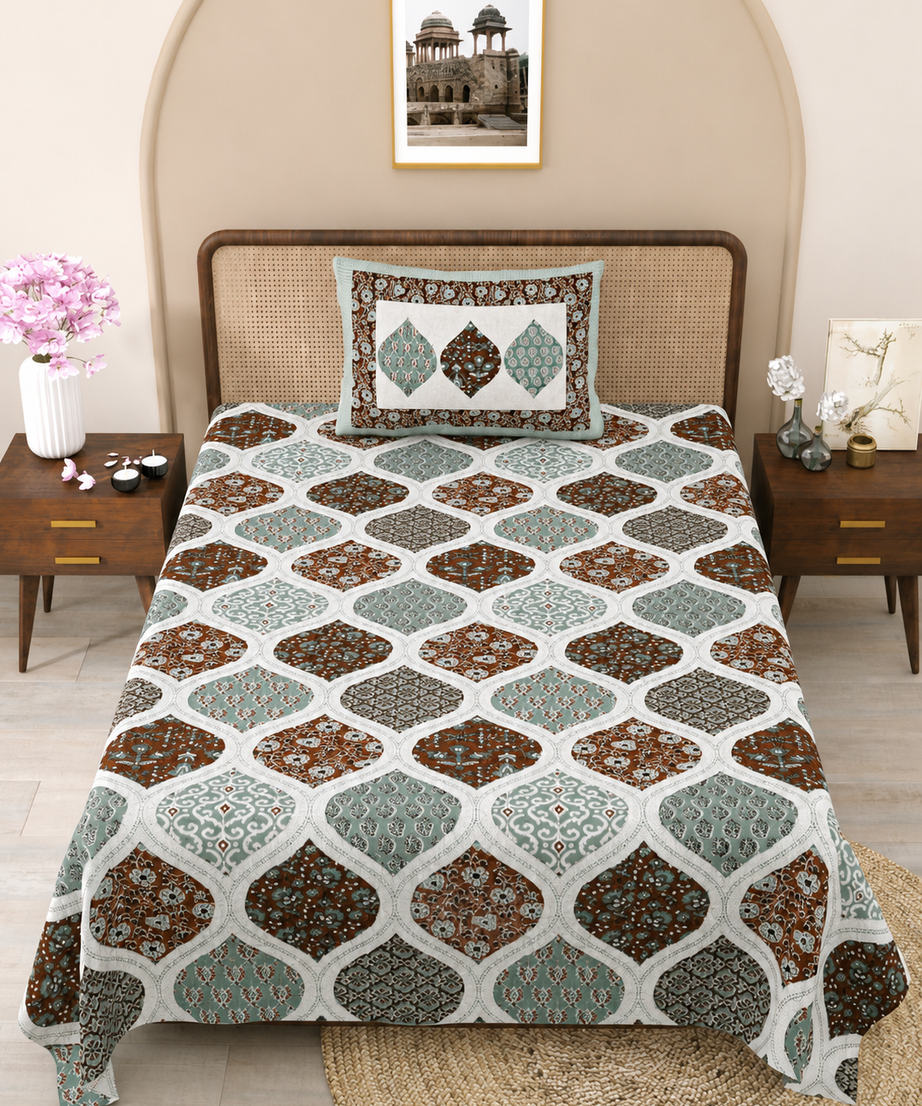 Sage Jharokha Print Cotton Bedsheet