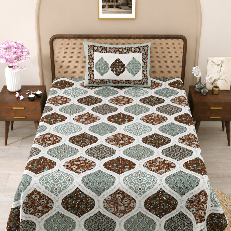 Sage Jharokha Print Cotton Bedsheet