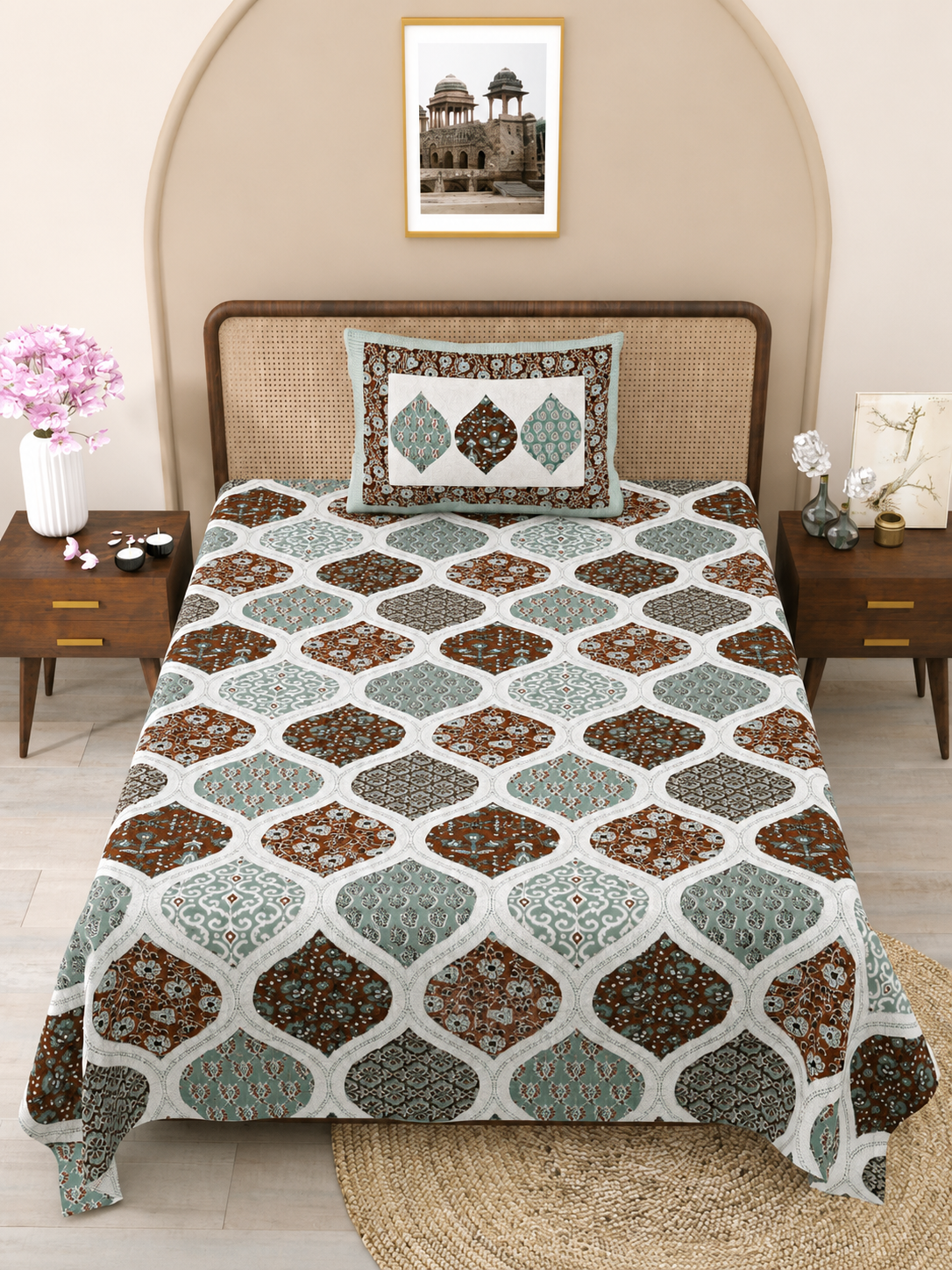 Sage Jharokha Print Cotton Bedsheet