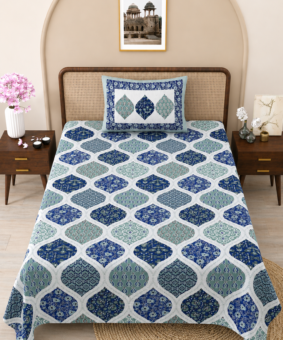 Indigo Jharokha Print Cotton Bedsheet