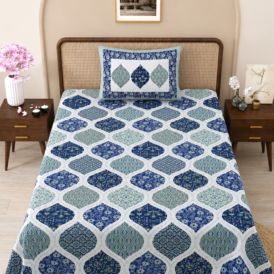 Indigo Jharokha Print Cotton Bedsheet