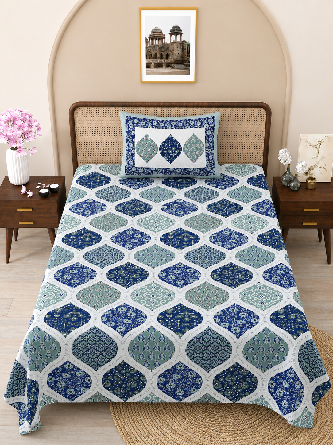 Indigo Jharokha Print Cotton Bedsheet