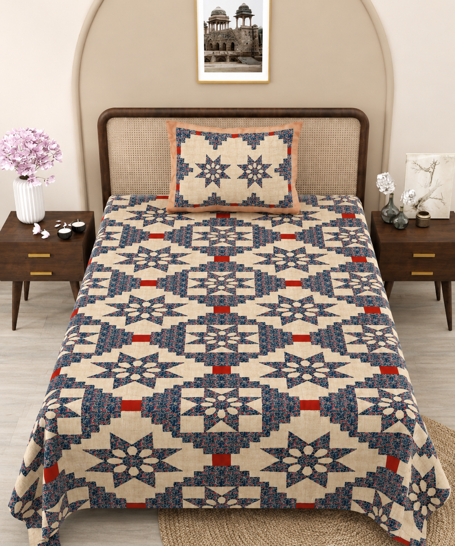 Indigo Star Motif Cotton Bedsheet