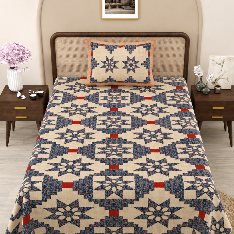 Indigo Star Motif Cotton Bedsheet