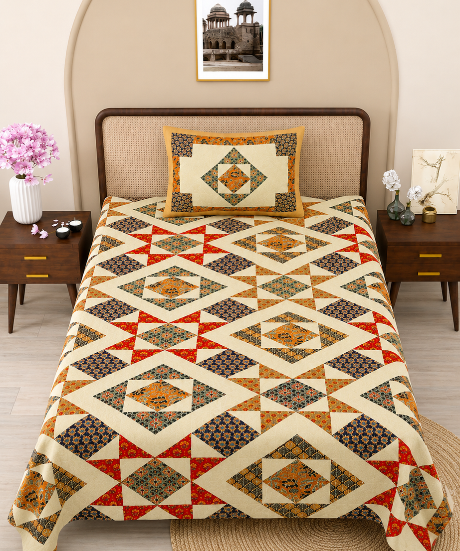 Golden Diamond Print Cotton Bedsheet