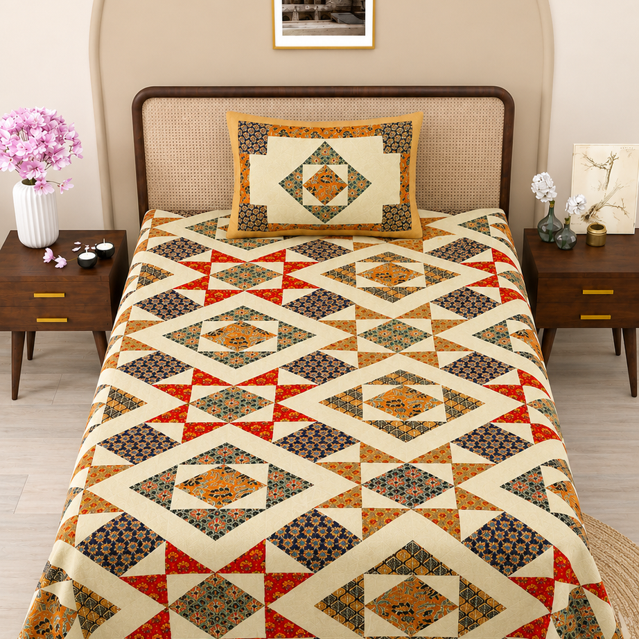 Golden Diamond Print Cotton Bedsheet