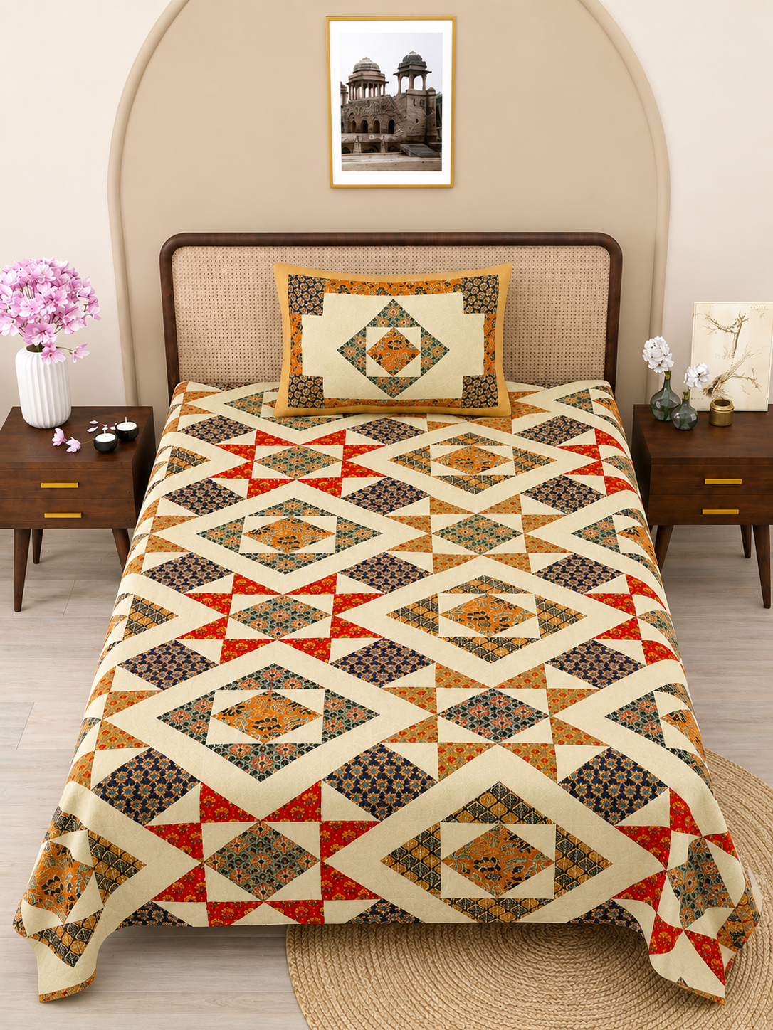 Golden Diamond Print Cotton Bedsheet