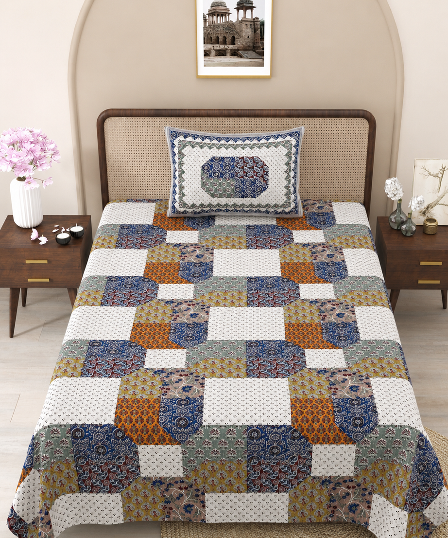Indigo Meadow Mosaic Cotton Bedsheet