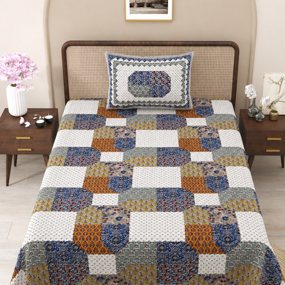 Indigo Meadow Mosaic Cotton Bedsheet