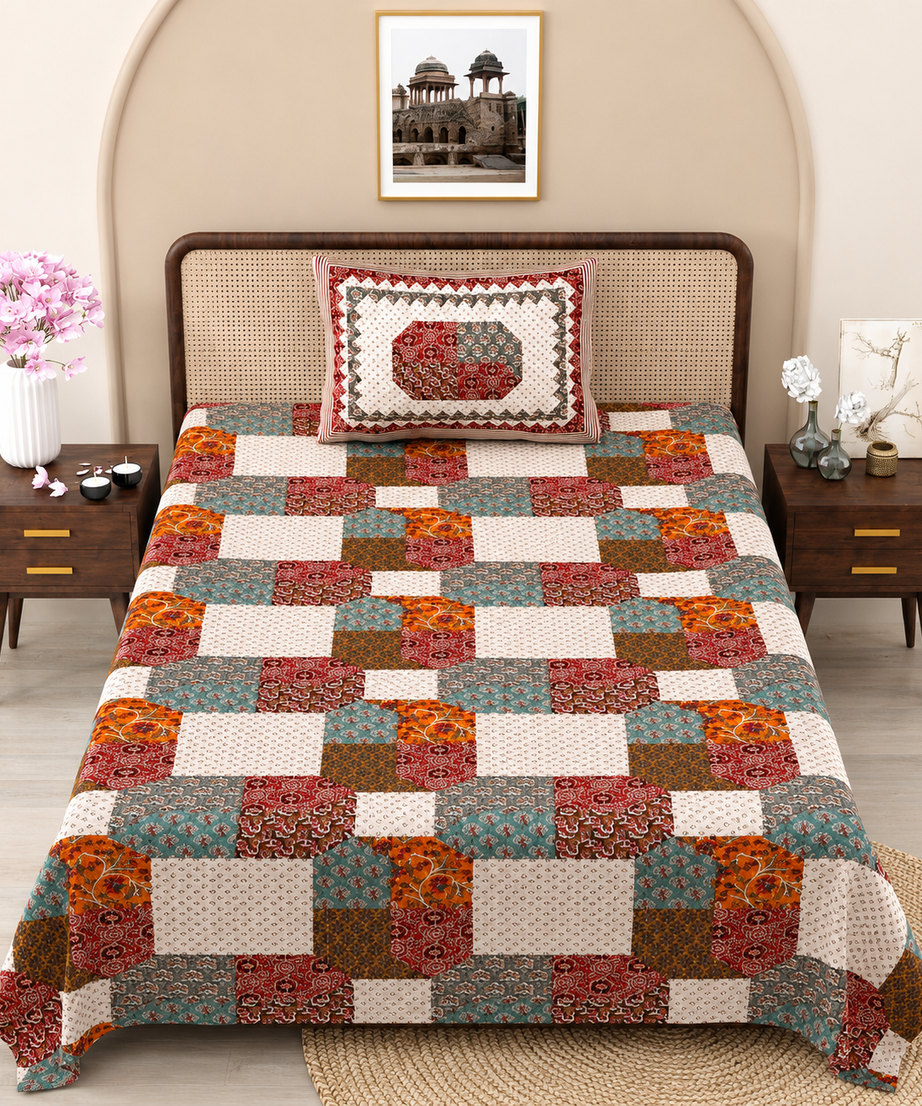 Amber Bloom Mosaic Cotton Bedsheet