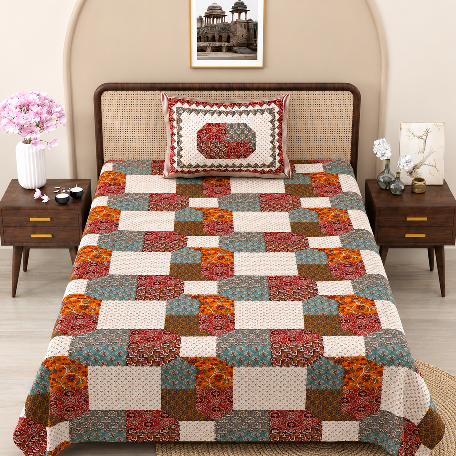 Amber Bloom Mosaic Cotton Bedsheet