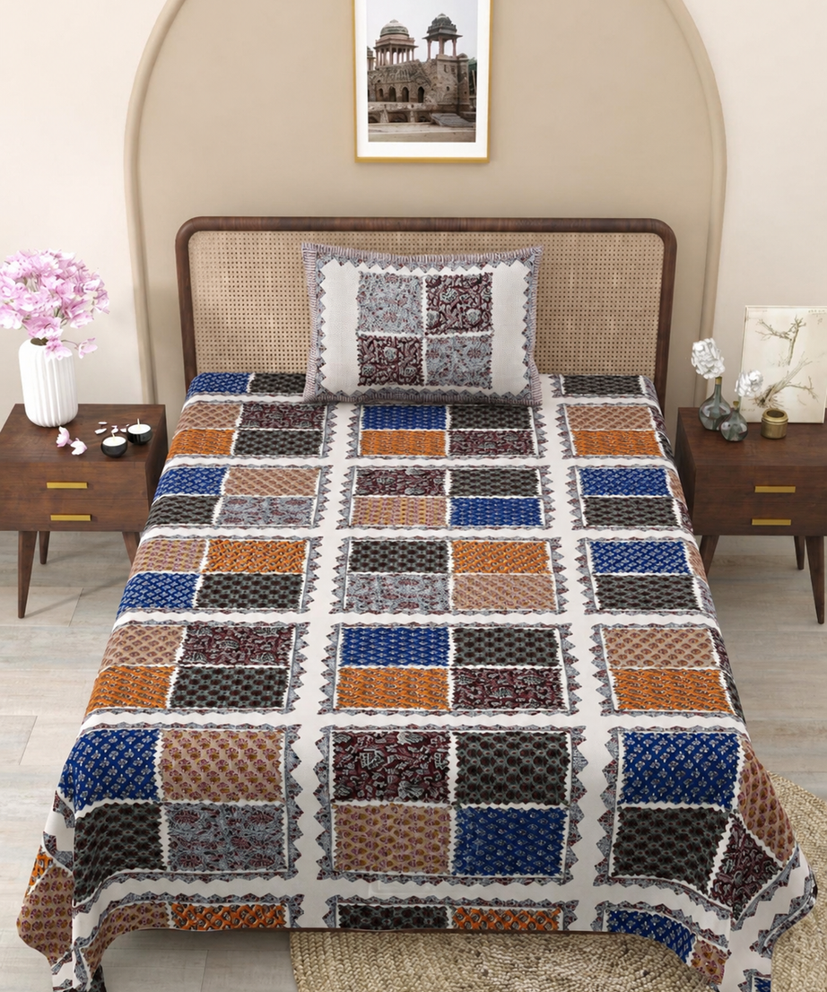 Royal Indigo Patch Print Cotton Bedsheet