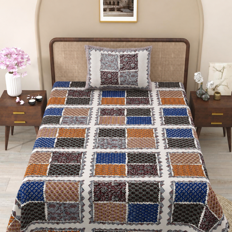 Royal Indigo Patch Print Cotton Bedsheet