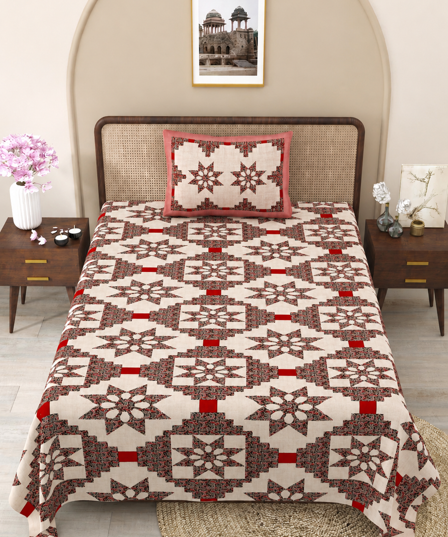 Crimson Star Mosaic Cotton Bedsheet