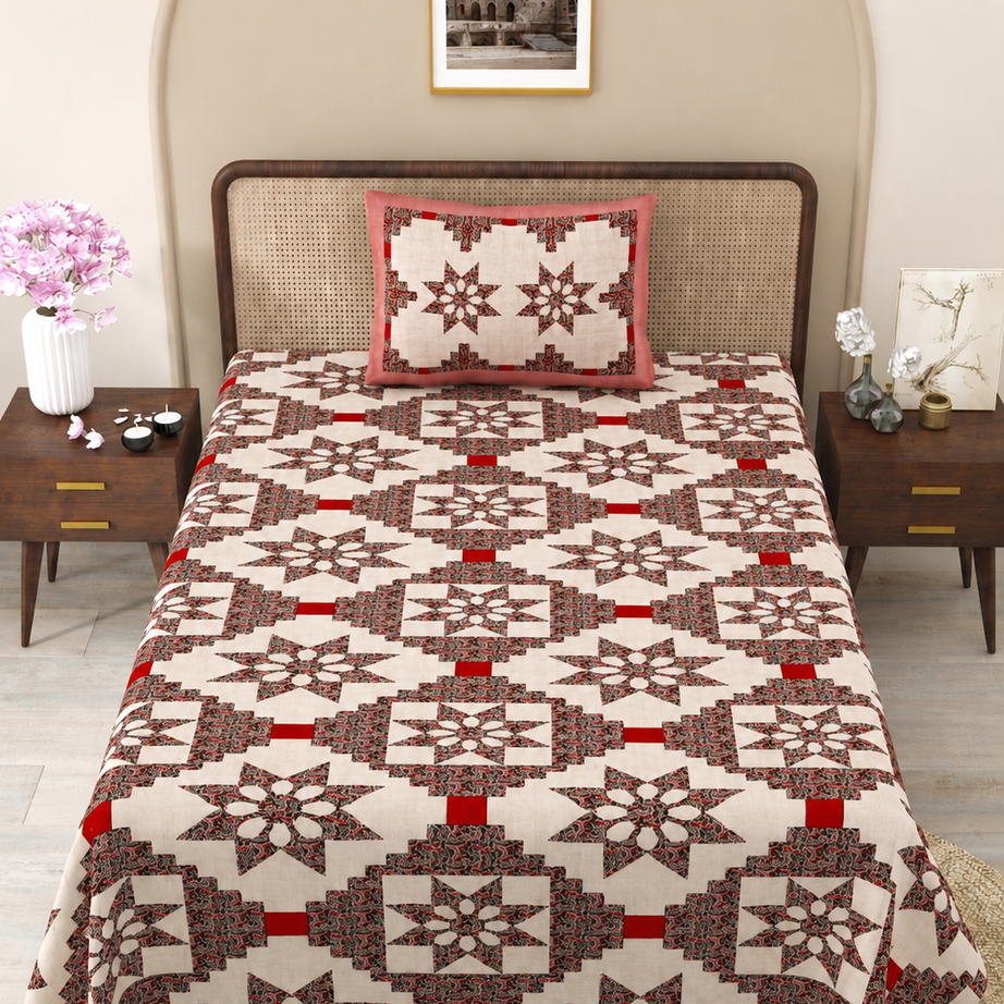 Crimson Star Mosaic Cotton Bedsheet