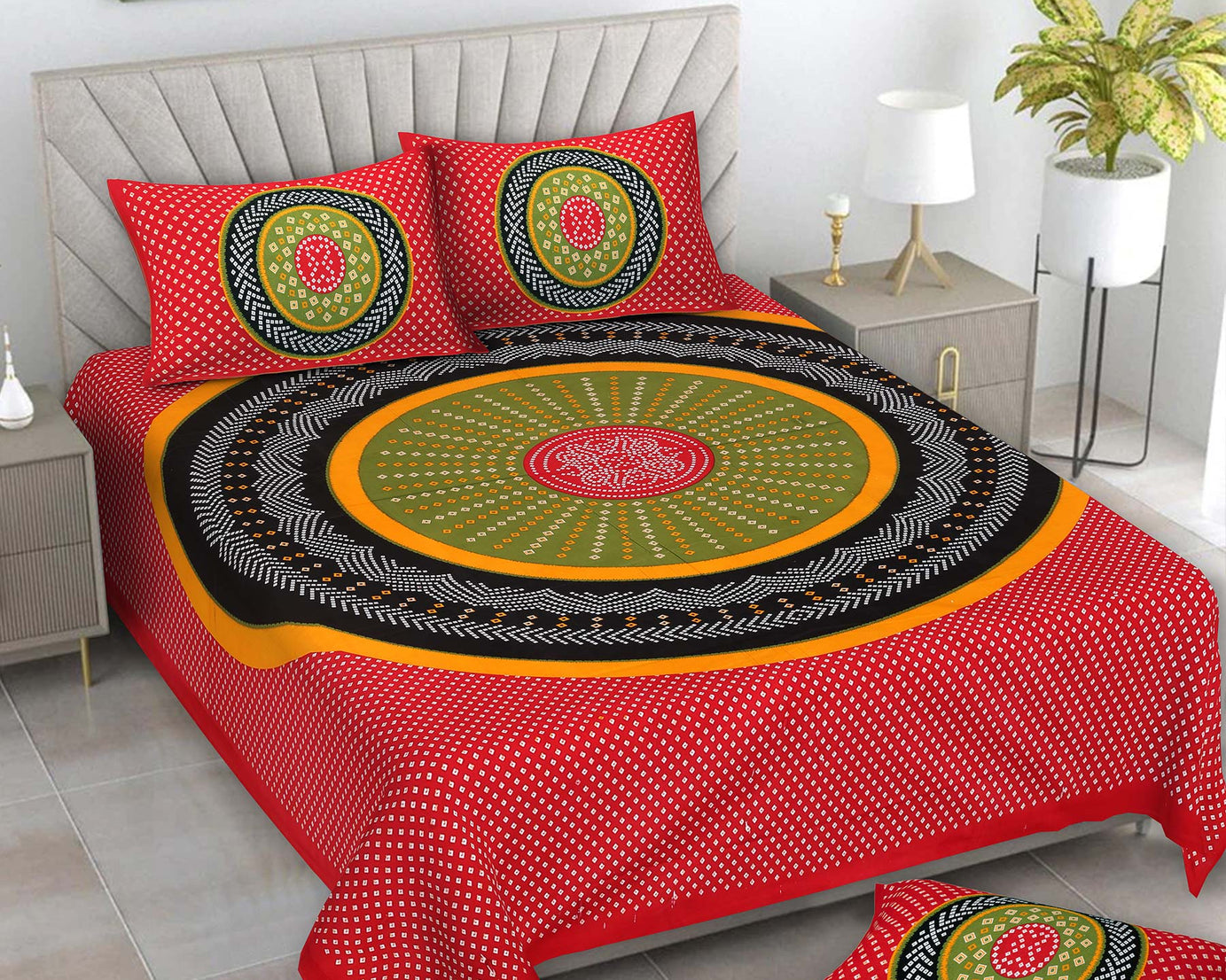 Mandala Circle Print Double Bedsheet – Red Edition