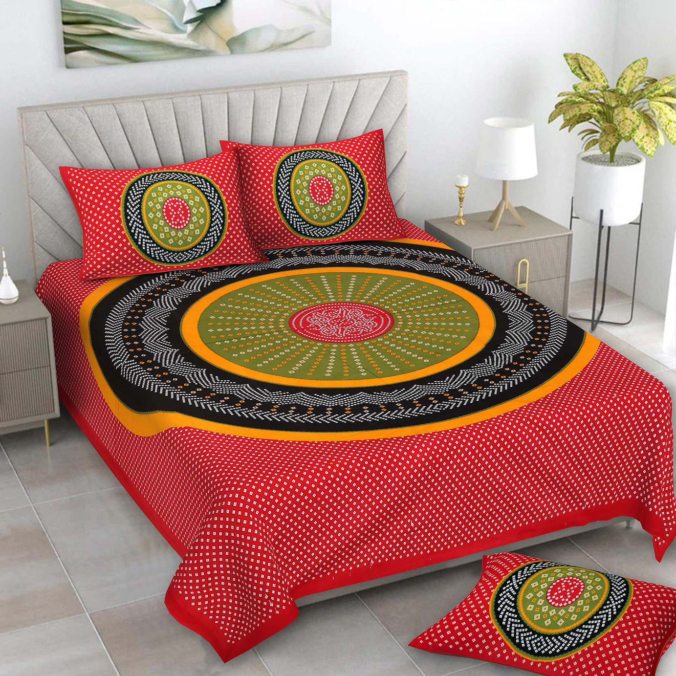 Mandala Circle Print Double Bedsheet – Red Edition