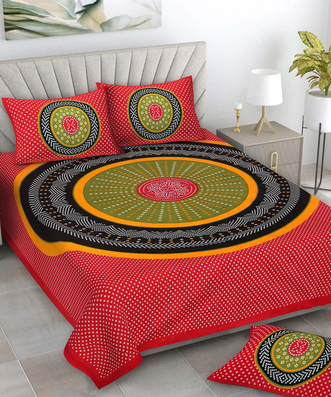 Mandala Circle Print Double Bedsheet – Red Edition